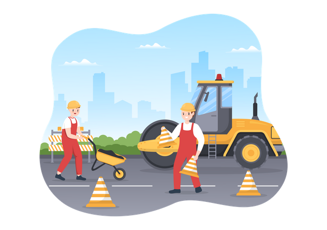 Trabalhadores fazendo construção de estradas  Ilustração