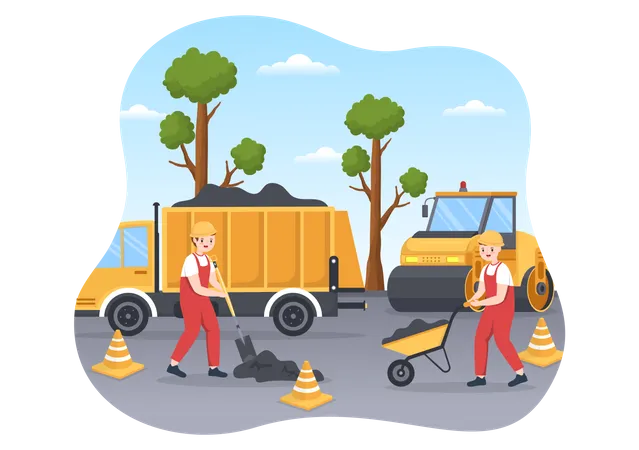 Trabalhadores fazendo manutenção rodoviária  Ilustração