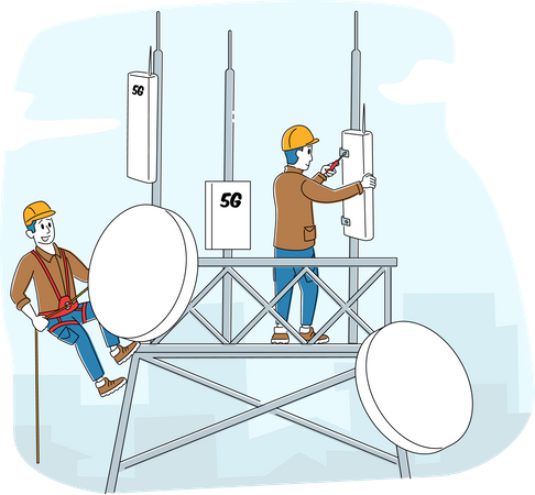 Trabalhadores instalando torre 5G  Ilustração