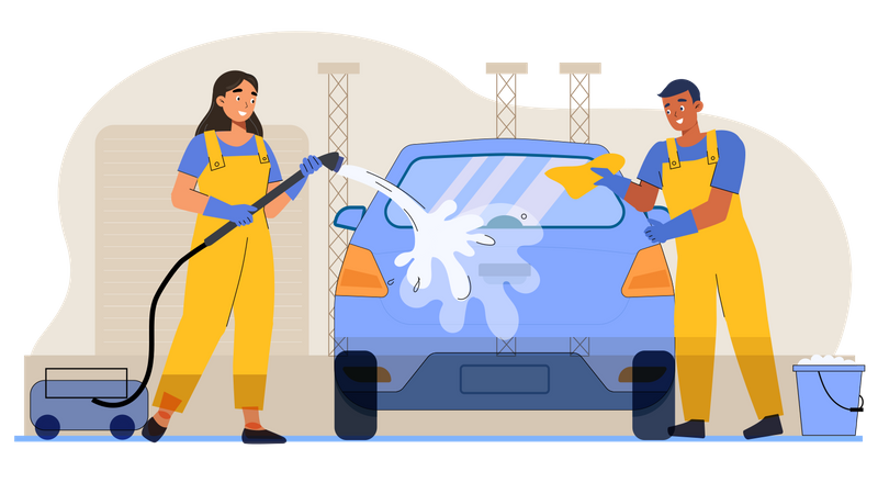 Trabalhadores limpando carro  Ilustração