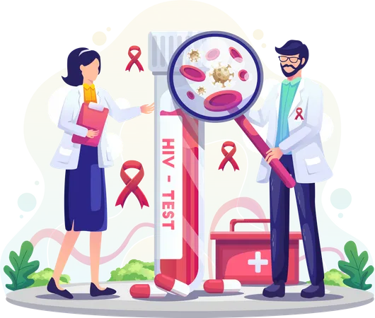 Trabalhadores Medicos Com Um Tubo De Ensaio De HIV Estao Pesquisando O Sangue Da AIDS Na Ilustracao Vetorial Do Dia Mundial Da AIDS Ilustração