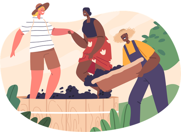 Personagens de trabalhadores esmagam alegremente uvas maduras com os pés no vinhedo  Ilustração