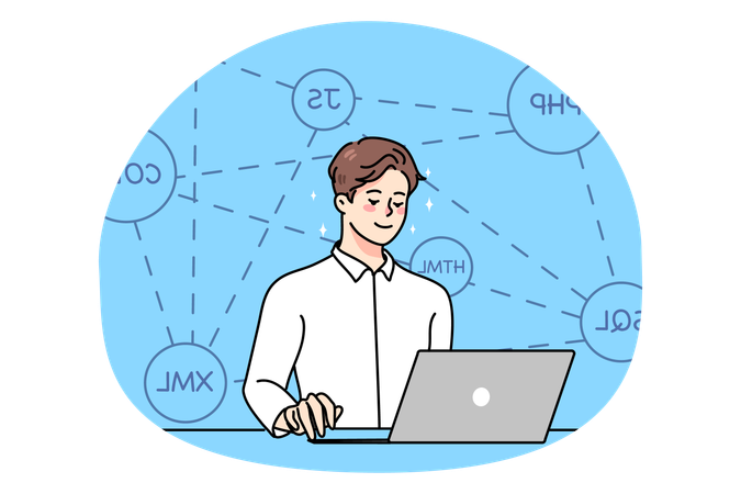 Desenvolvedor web masculino trabalha com código no computador  Ilustração