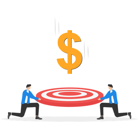 Trabalho em equipe empresarial engajado para atingir metas financeiras  Ilustração