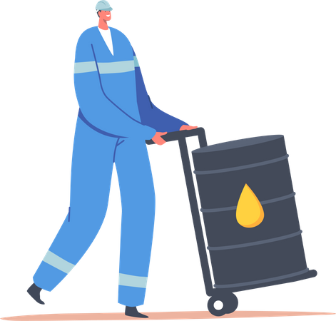 Trabalho industrial transportando lata de óleo usando carrinho de mão  Illustration