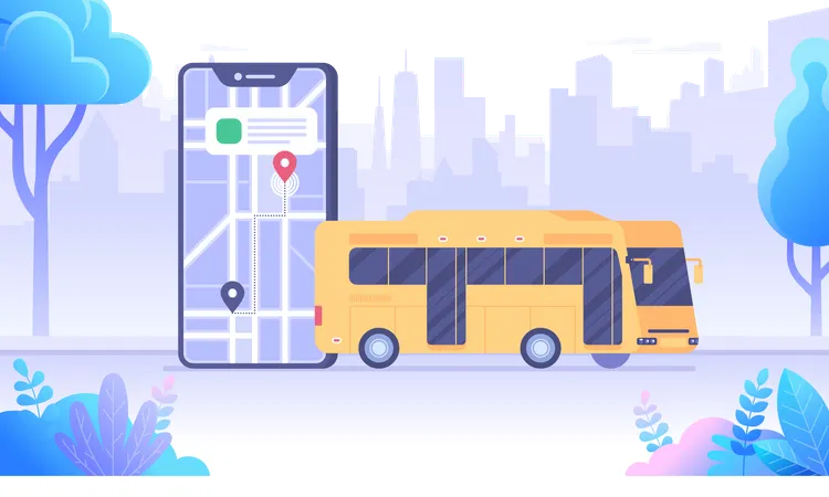 City Bus And Map App Flat Banner Vector Template Cartoon Mobile Phone And Public Transportation On Skyscrapers Background Urban Traffic Tracking Application Online Transport System Illustration