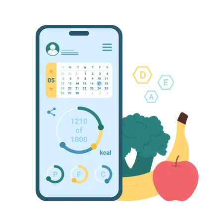 Tracking Of Data Nutrition In Mobile App Vector Illustration Cartoon Isolated Smartphone Screen With Calculator To Count Calories In Food And Lose Weight Monitoring Charts And Diet Calendar Illustration