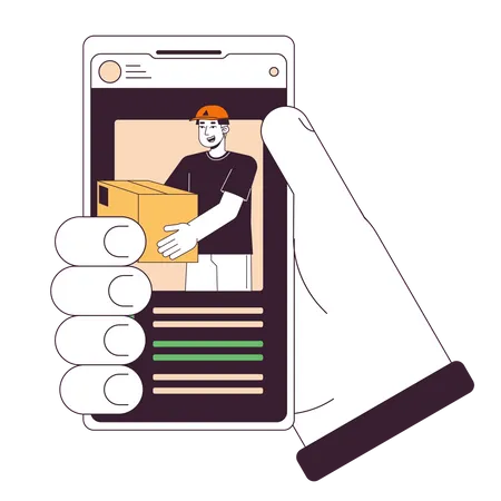 Tracking Package Delivery By Courier Flat Line Concept Vector Spot Illustration Online App On Smartphone 2 D Cartoon Outline Hand On White For Web UI Design Editable Isolated Color Hero Image Illustration