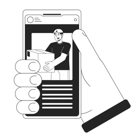Tracking Package Delivery By Courier Bw Concept Vector Spot Illustration Online App On Smartphone 2 D Cartoon Flat Line Monochromatic Hand For Web UI Design Editable Isolated Outline Hero Image Illustration