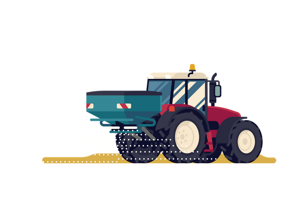 Tracteur moderne à quatre roues motrices avec épandeur d'engrais centrifuge ou accessoire d'épandage à la volée  Illustration