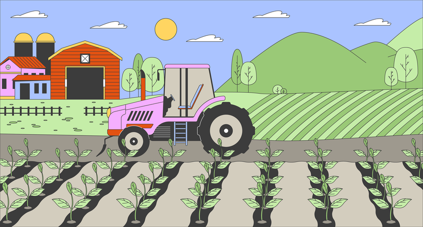 Tracteur dans un champ agricole  Illustration