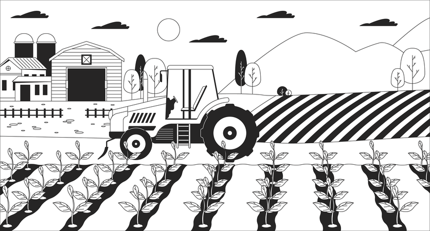 Tracteur dans un champ agricole  Illustration