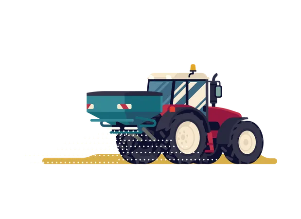 Moderno tractor con tracción en las cuatro ruedas con esparcidor de fertilizante centrífugo o accesorio esparcidor al voleo  Ilustración