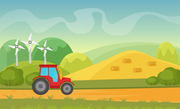 Tractor avanzando hacia la granja  Ilustración