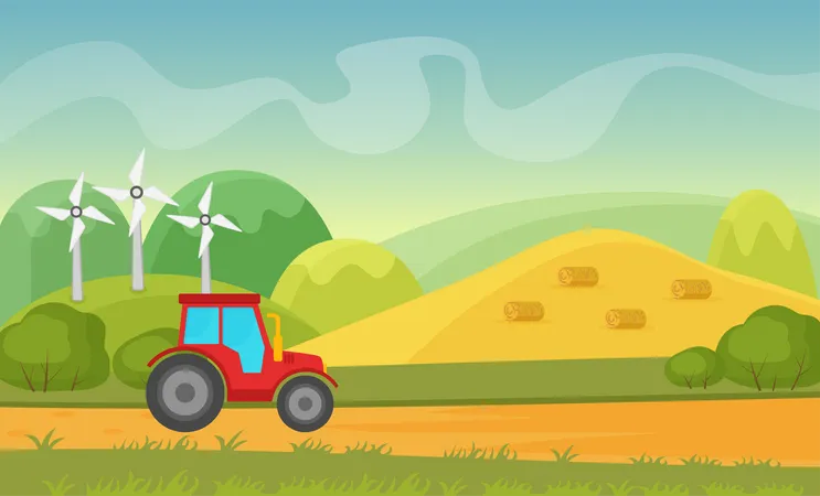 Tractor moving towards farm  Illustration