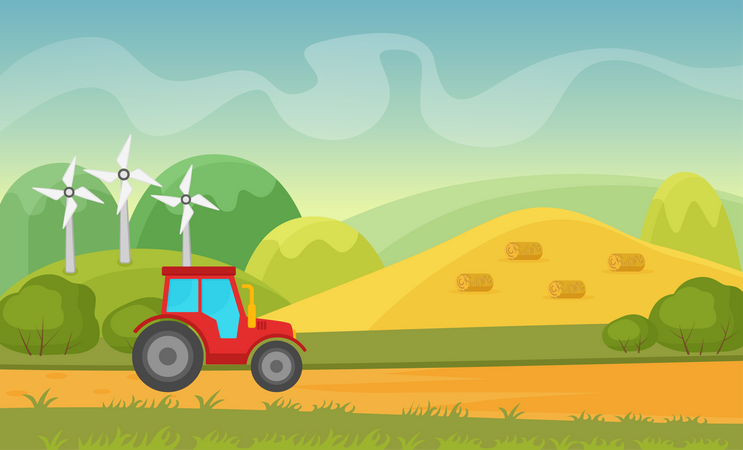 Tractor moving towards farm  Illustration