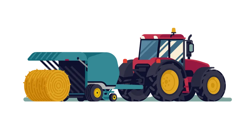 Tractor pulling round baler with hay bale rolling out Illustration