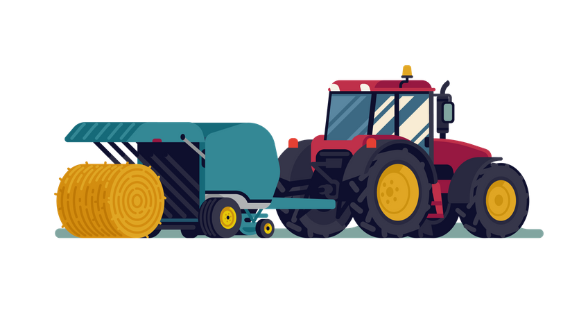 Tractor pulling round baler with hay bale rolling out  Illustration