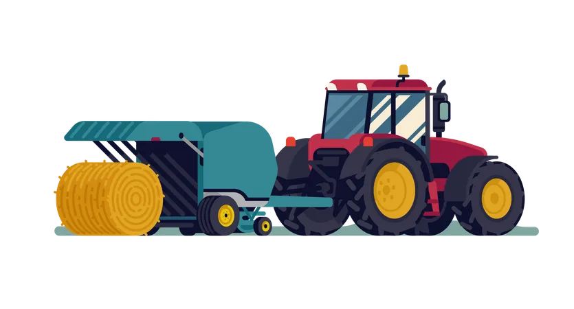 Tractor pulling round baler with hay bale rolling out  Illustration