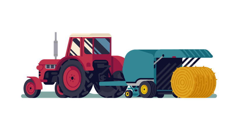 Tractor rojo tirando de una rotoempacadora con fardos de heno rodando  Ilustración