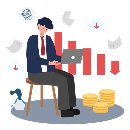 Trader Experiencing Stock Market Fall Vector Illustration A Trader Sitting With A Laptop Surrounded By Falling Graphs And Coins Symbolizing Stock Market Decline Ideal For Financial Analysis Economic Reports And Trading Concepts Illustration
