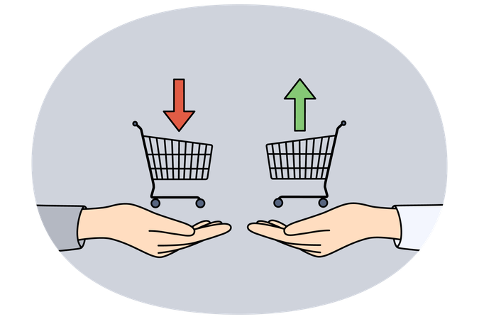 Traders hands with consumer baskets and up or down arrows symbolize buying and selling bonds  Illustration