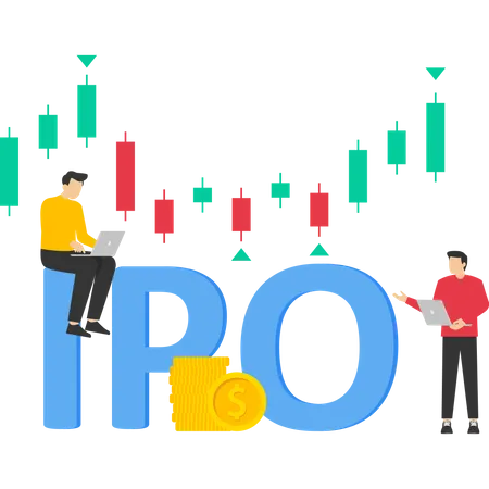 Initial Public Offering IPO Male And Female Characters Of Entrepreneurs Businessmen Traders In The Big Growing Charts And Gold Coins Stock Market Shares People Vector Illustration Illustration