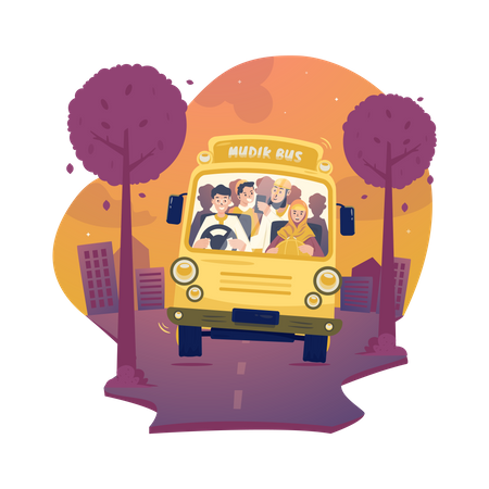 Tradición de regreso a casa en autobús  Ilustración