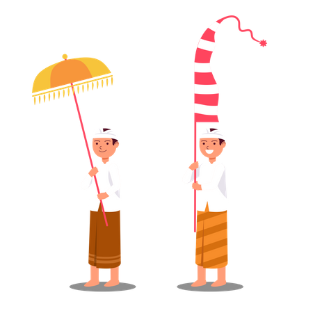 Traditional Balinese Boy Bring Umbrella And Long Flag For Rite Ceremony Illustration
