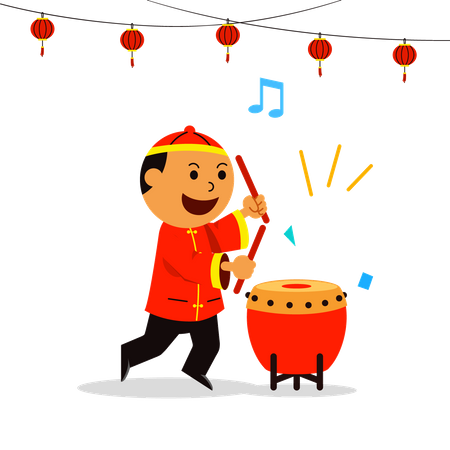 Traditional chinese musicians playing drum  Illustration