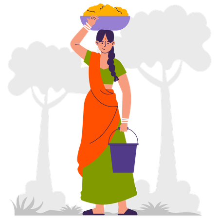 Traditional Female Indian carrying mud and bucket  Illustration