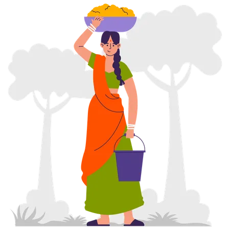 Traditional Female Indian carrying mud and bucket  Illustration