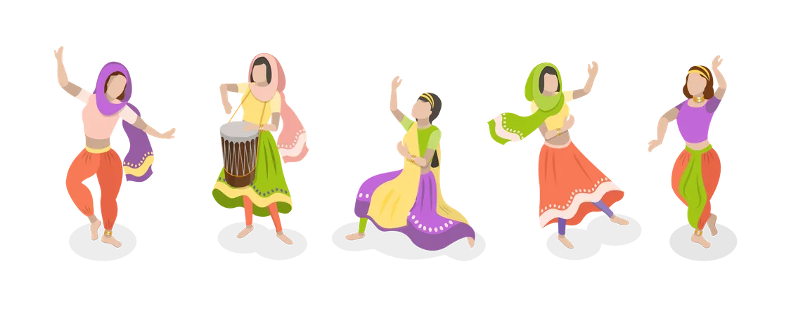 3 D Isometric Flat Vector Set Of Traditional Indian Dancers Bollywood Illustration