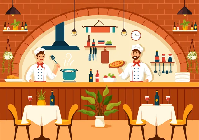 Italian Food Restaurant Or Cafeteria Vector Illustration With Traditional Italy Dishes Pizza Or Pasta In Flat Cartoon Background Design Illustration