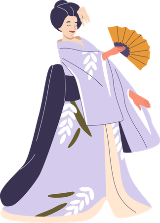 Traditional Japanese Dancer In Kimono Holding Fan  Illustration