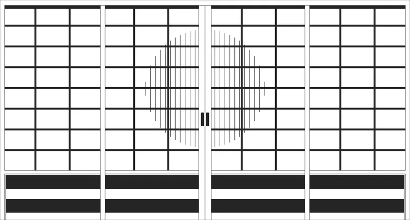 Traditional Japanese Doors With Sun Silhouette Outline 2 D Cartoon Background Sliding Shoji Doors Linear Aesthetic Vector Illustration Screens Entrance Flat Wallpaper Art Monochromatic Lofi Image 일러스트레이션