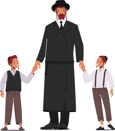 Traditional Jewish Father with Sons Illustration