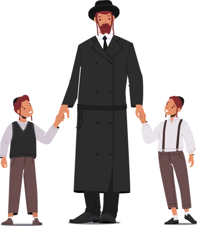 Traditional Jewish Father with Sons  Illustration