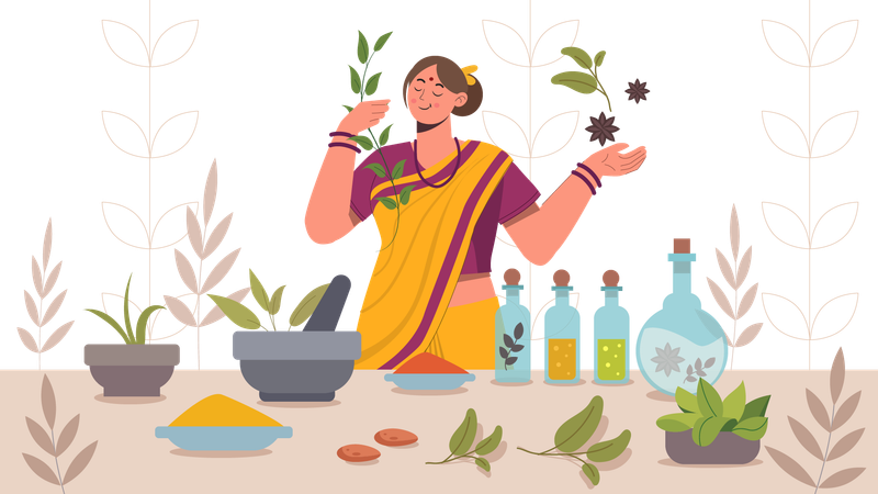 Traditional lady making herbal medicine at home  Illustration