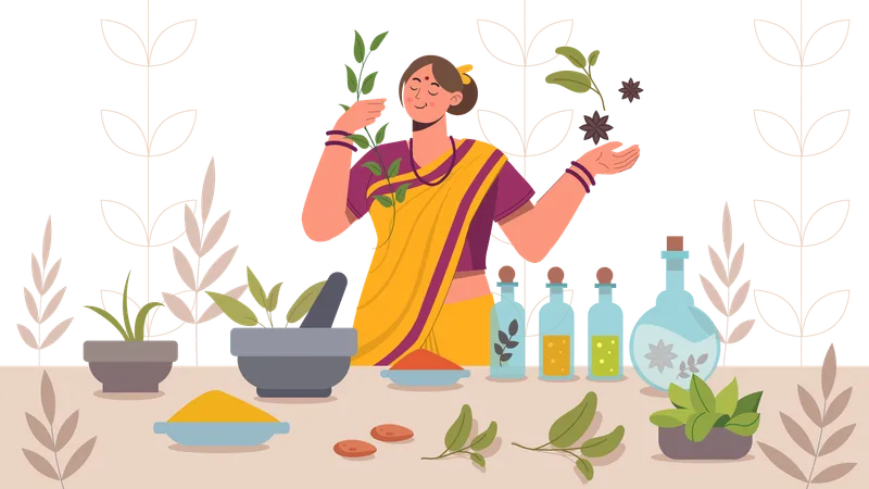 Traditional lady making herbal medicine at home  Illustration