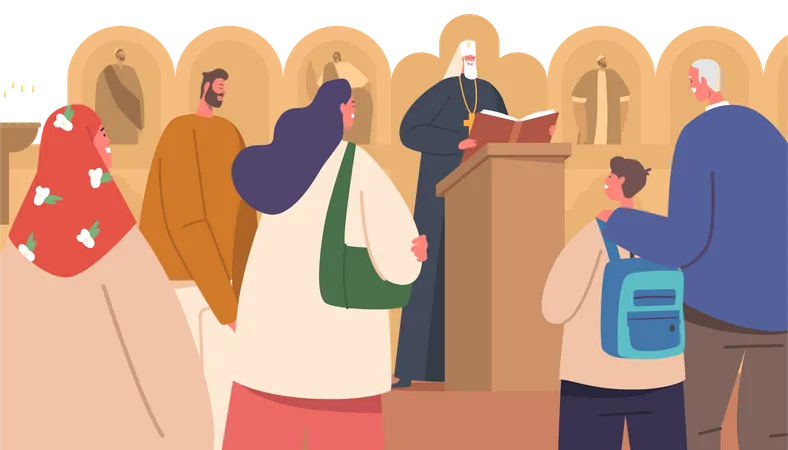 Traditional liturgical worship in orthodox church  Illustration