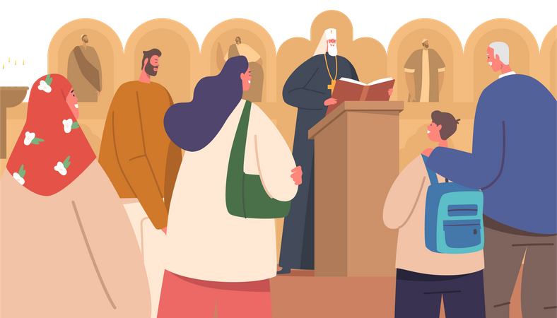 Traditional liturgical worship in orthodox church  Illustration