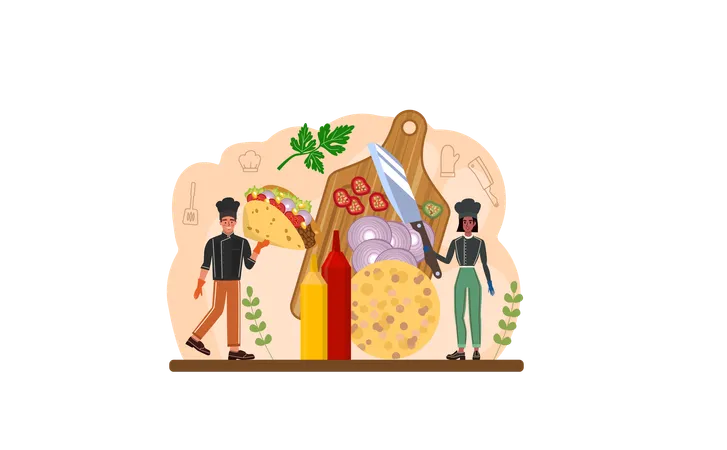 Tacos Web Banner Or Landing Page Traditional Mexican Fast Food With Meat And Vegetable Tortilla With Different Toppings Lettuce Leave Cheese Tomato Forcemeat Sauce Flat Vector Illustration イラスト