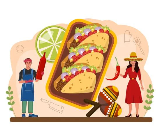 Tacos Traditional Mexican Fast Food With Meat And Vegetable Tortilla With Different Toppings Lettuce Leaves Cheese Tomato Forcemeat Sauce Flat Vector Illustration Illustration