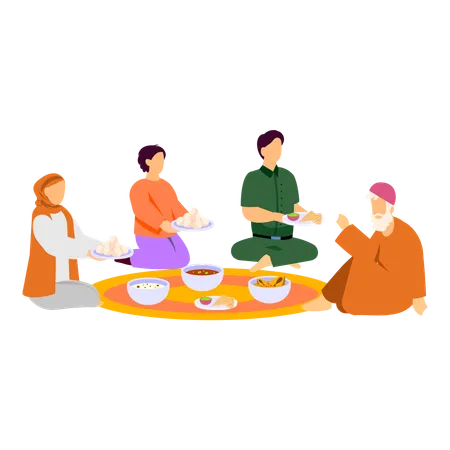Kashmiri Family Having Dinner With Volunteer Illustration