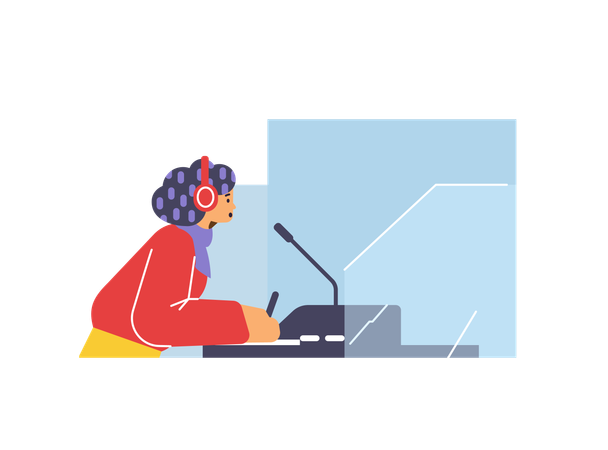 Mujer traductora multilingüe en micrófono ayuda a comprender e interpretar  Ilustración