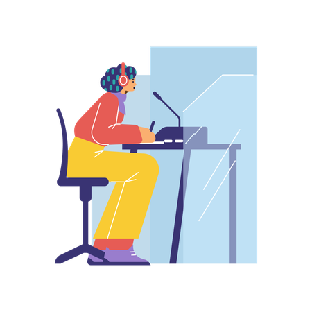 Mujer traductora multilingüe en micrófono ayuda a comprender e interpretar  Ilustración