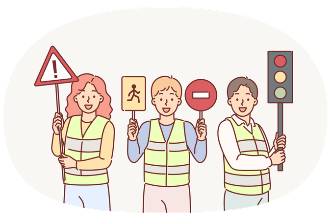 Traffic controllers urge young children to be cful while driving holding road signs in hands  Illustration