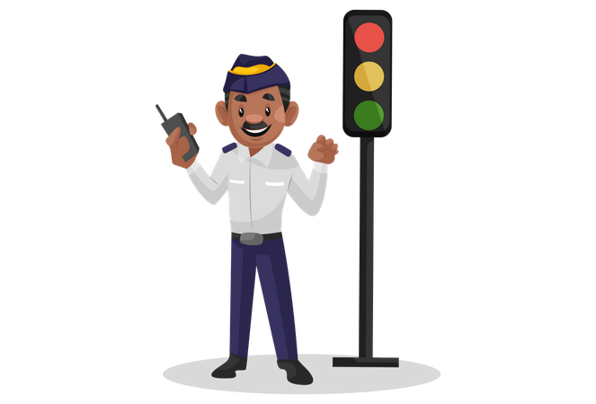 Traffic cop standing near traffic signal with walkie talkie in hand  Illustration