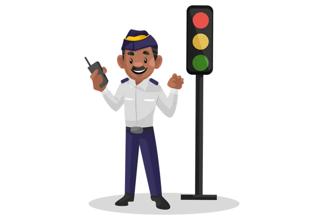 Traffic cop standing near traffic signal with walkie talkie in hand  Illustration